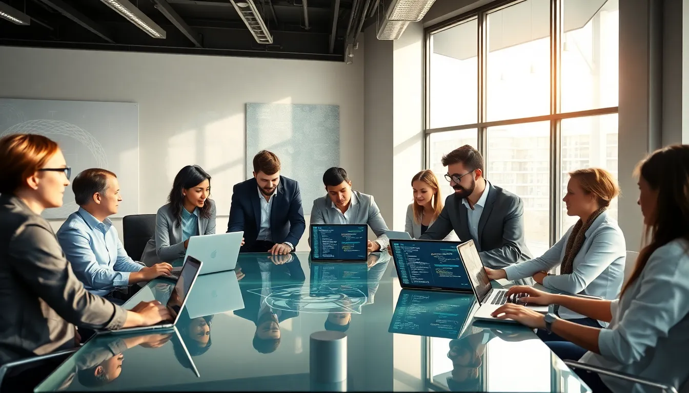 diverse developers collaborating in a modern office on Java programming.