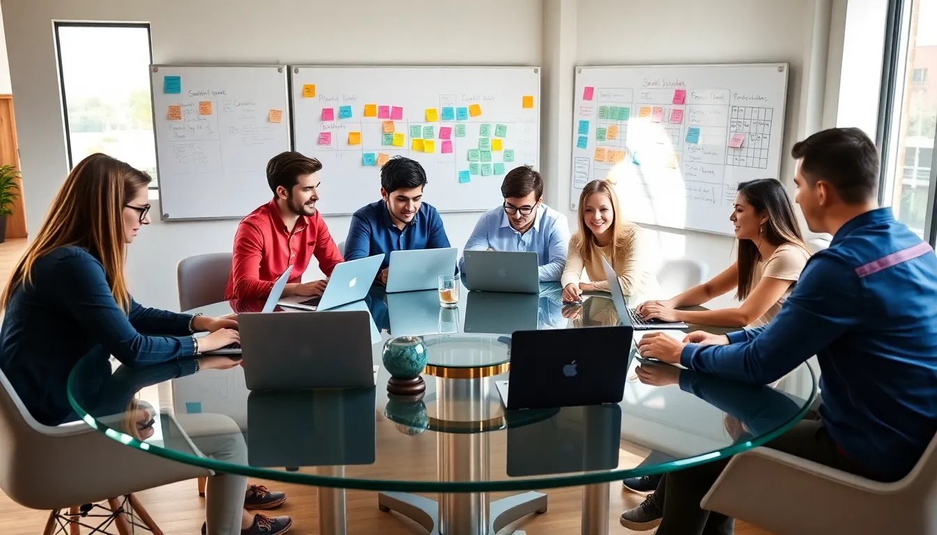 diverse team collaborating on game design in a modern office.