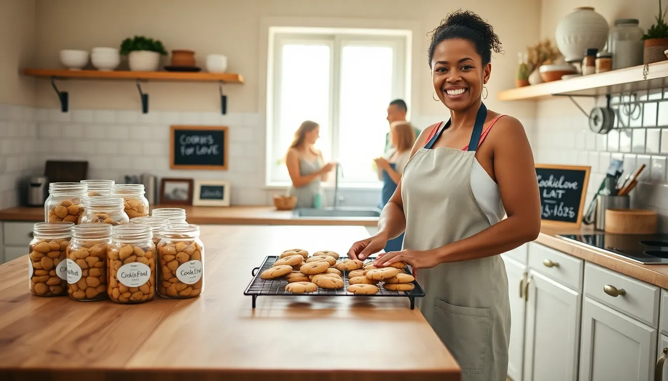 baker arranging cookies in a warm kitchen setting.