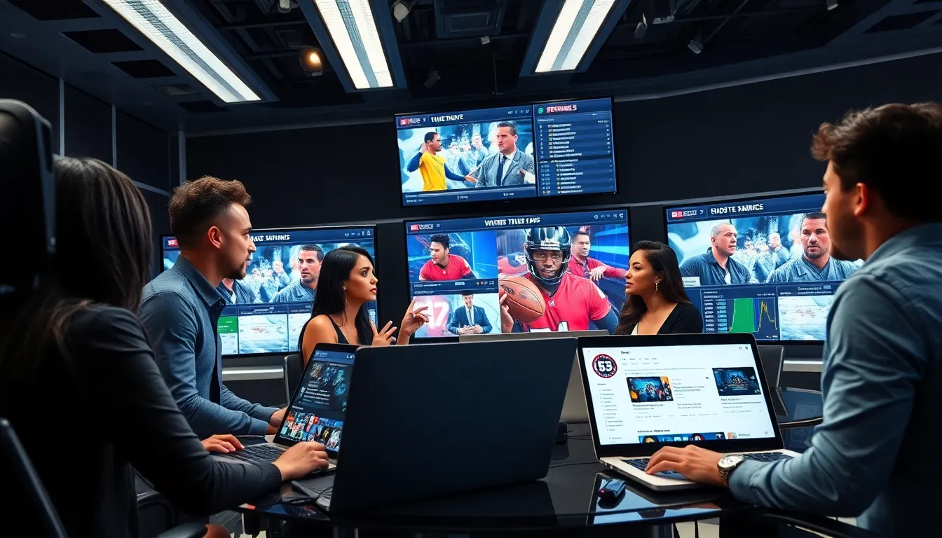 diverse team tracking breaking sports news in a modern office.