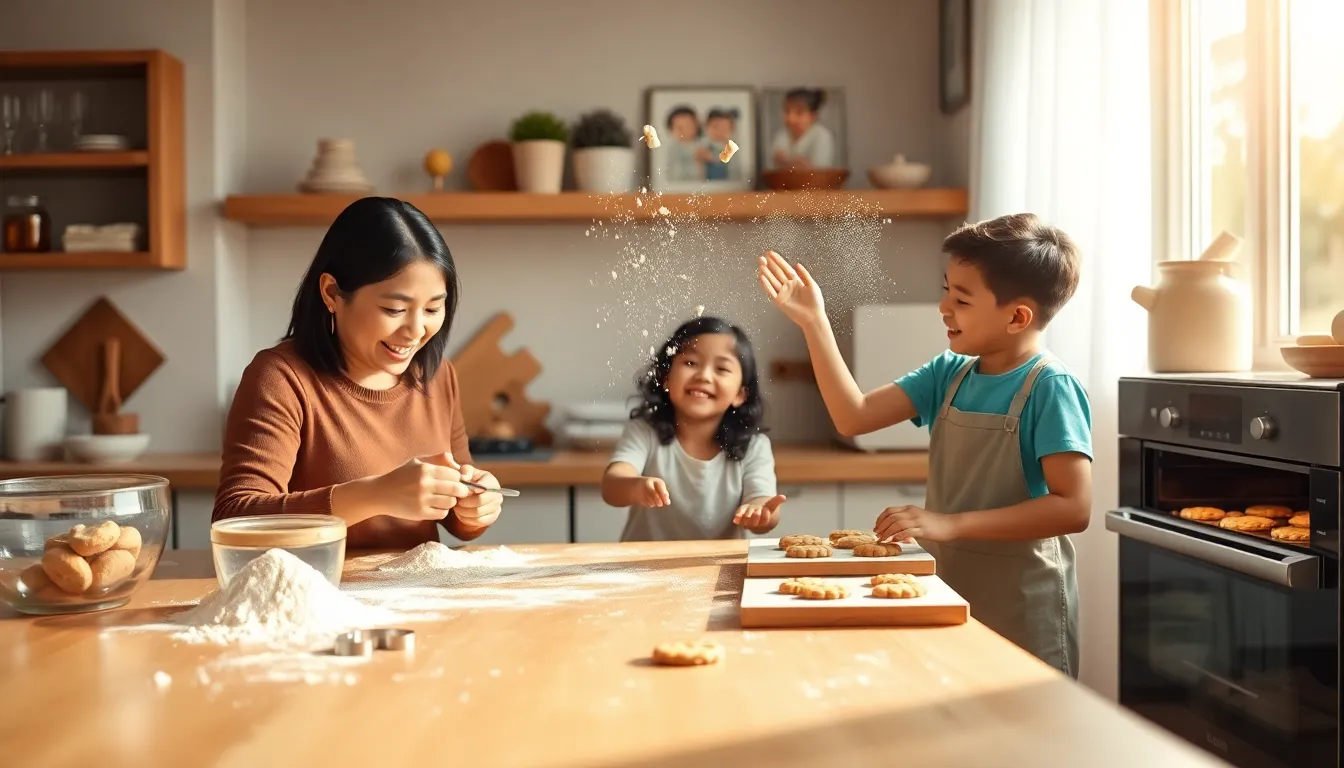 diverse group baking cookies in a cozy kitchen.