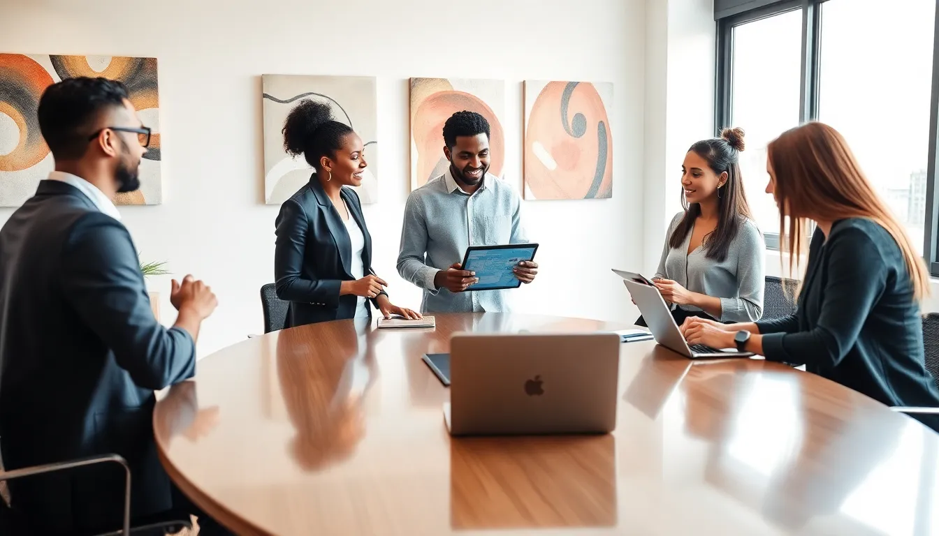 diverse professionals collaborating in a modern workspace.