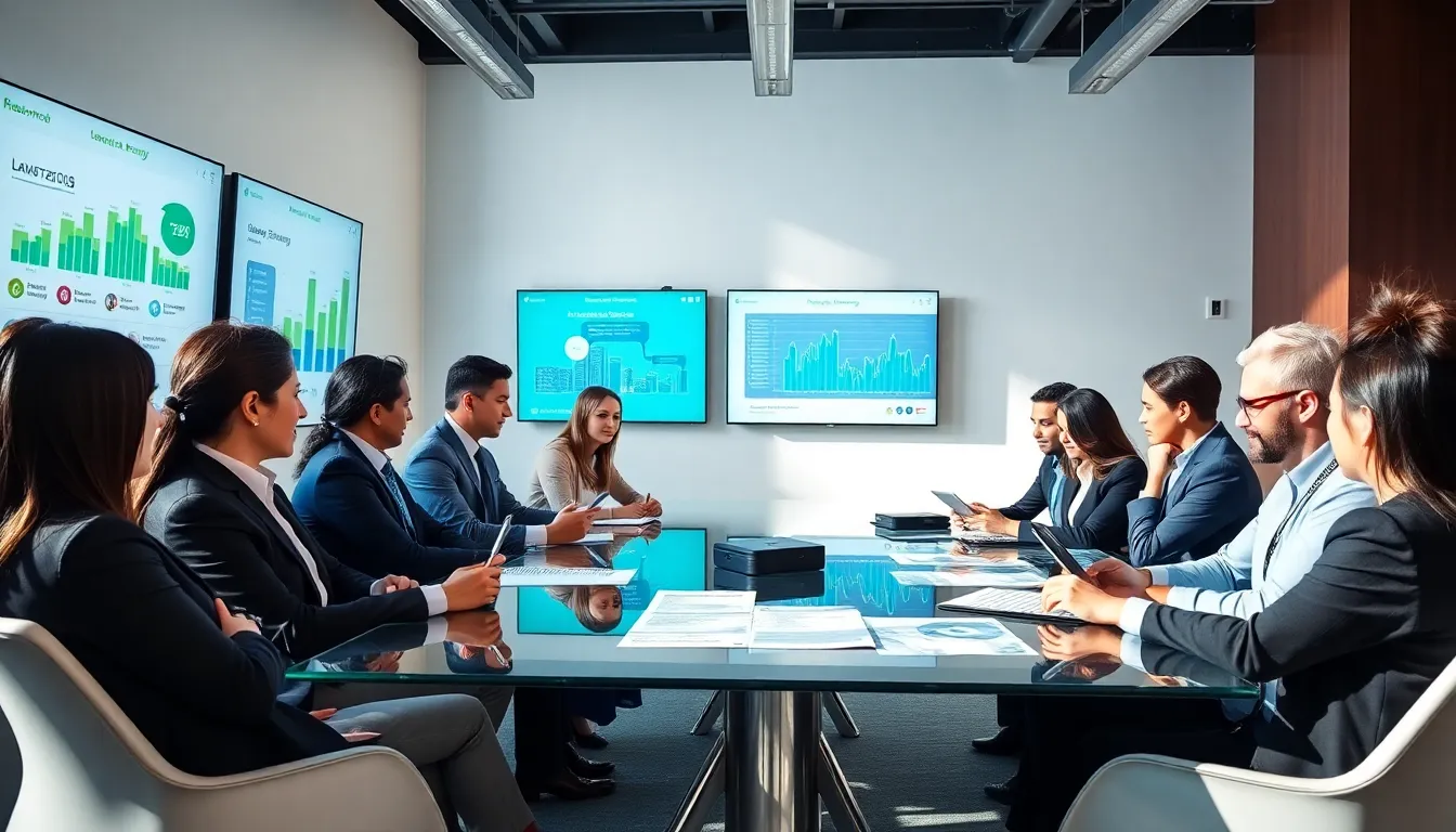 diverse team discussing renewable energy solutions in a modern office.