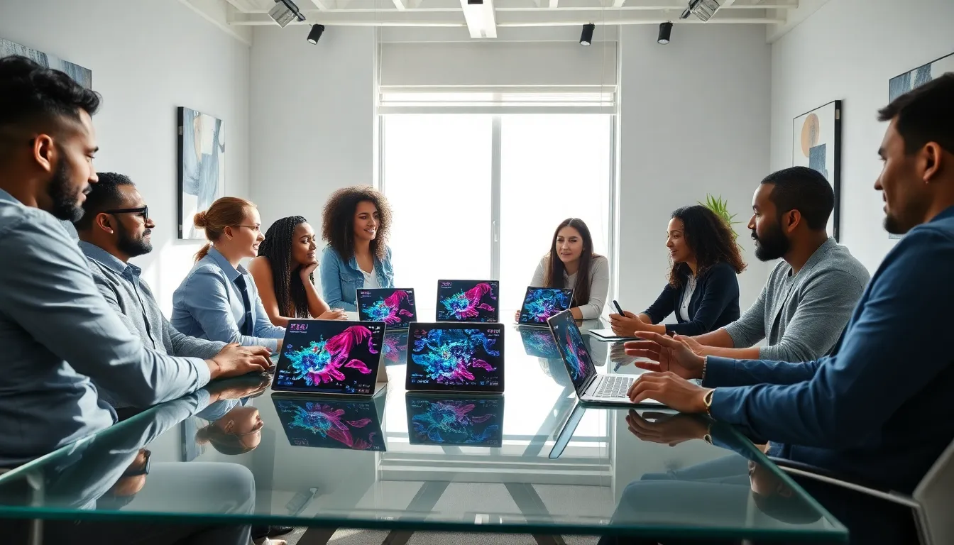diverse team discussing NFTs in a modern office.