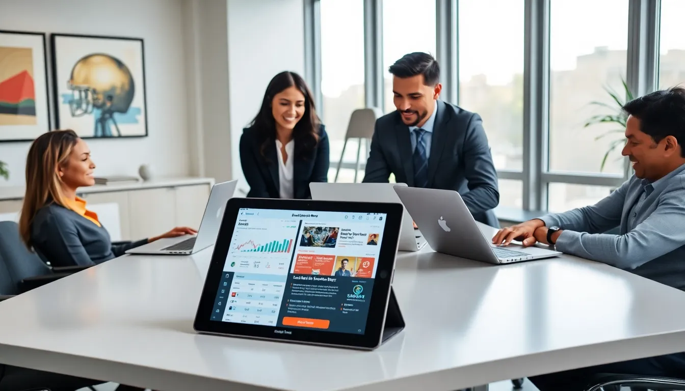 diverse team discussing sports news in a modern office.