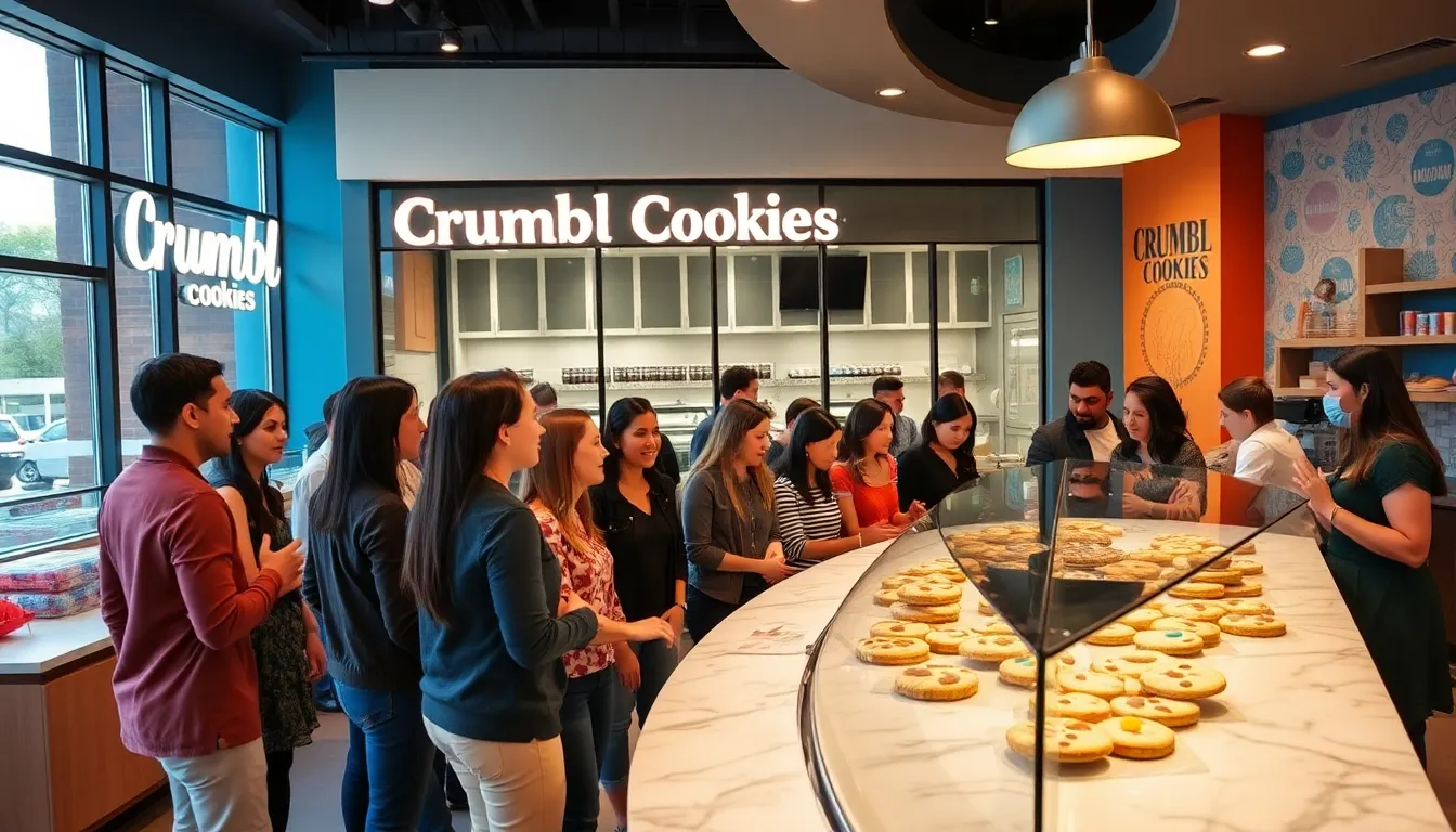 customers enjoying freshly baked cookies in a vibrant shop.