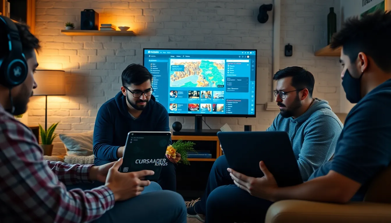 gamers collaborating in a modern office on game guide creation.