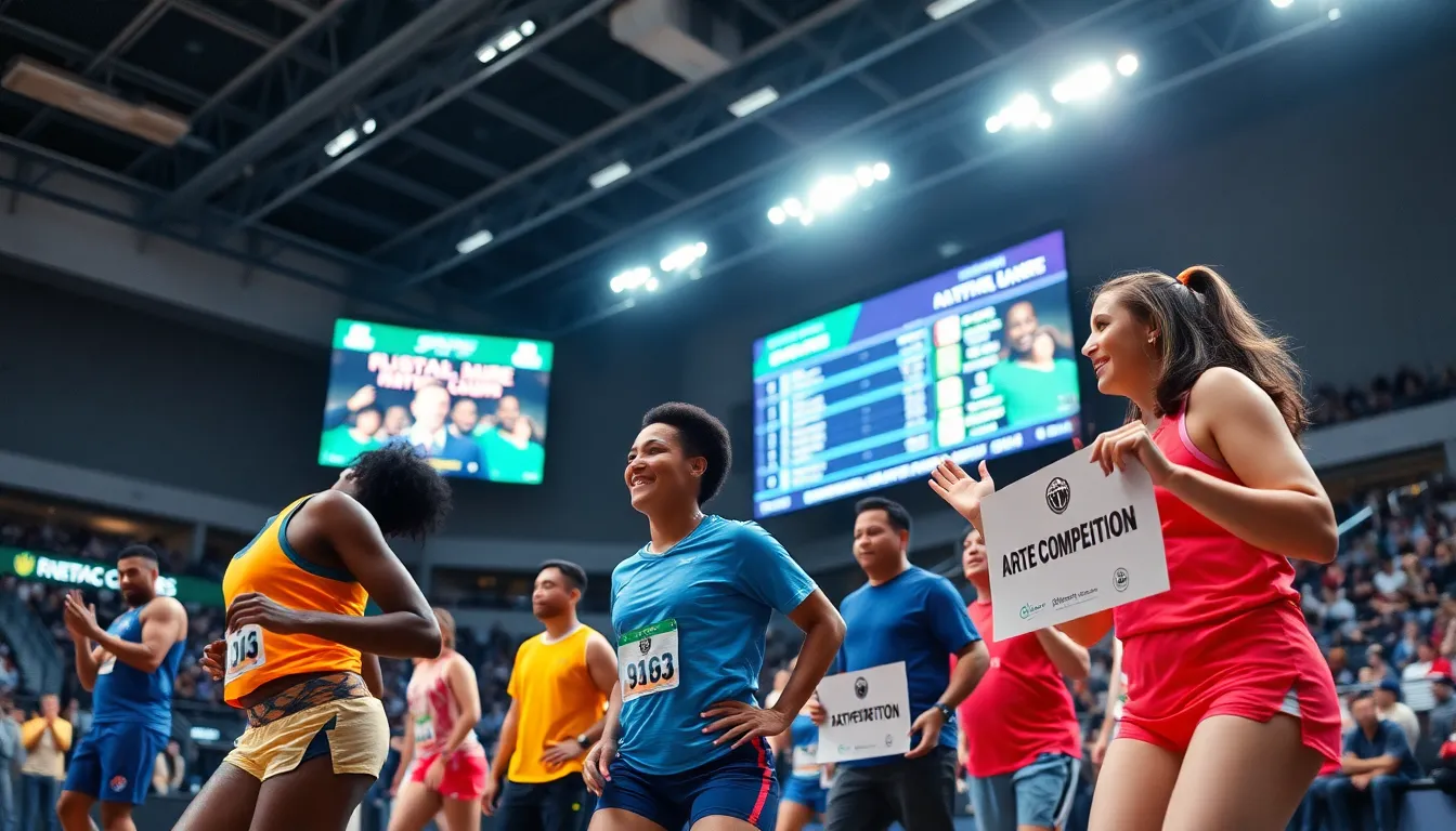 Athletes competing in a vibrant sports arena during an Arate Competition.