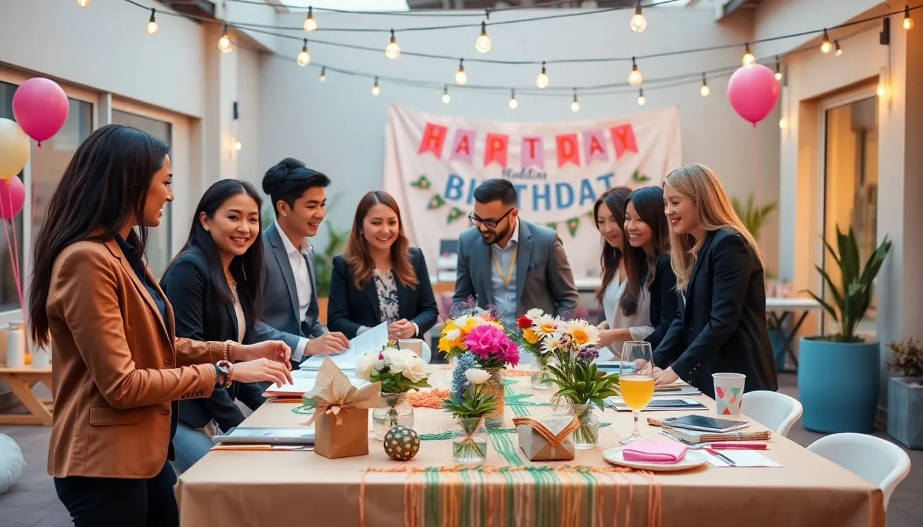 diverse professionals collaborating at a creative outdoor event setup.