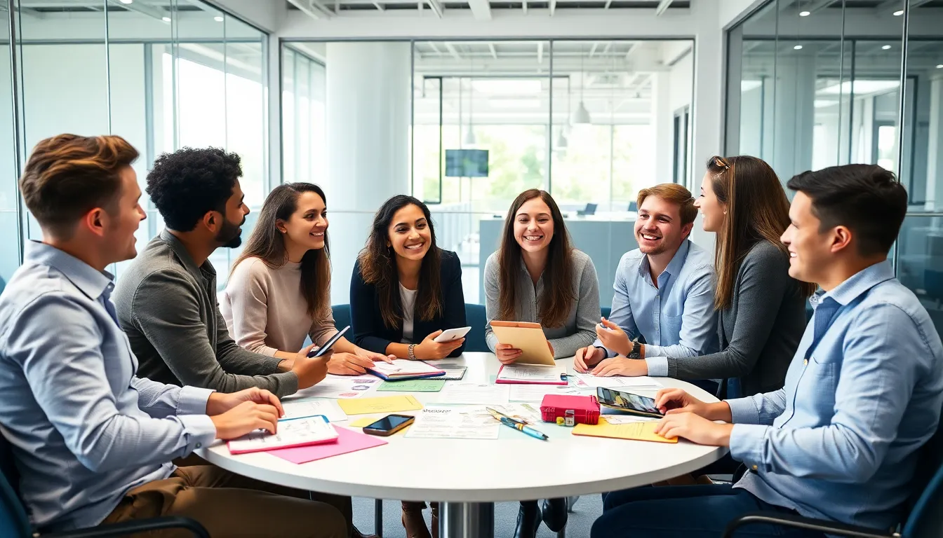 diverse team brainstorming event planning ideas in a modern office.