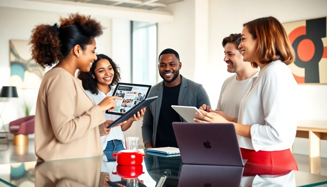 diverse team collaborating on social media content in a modern office.