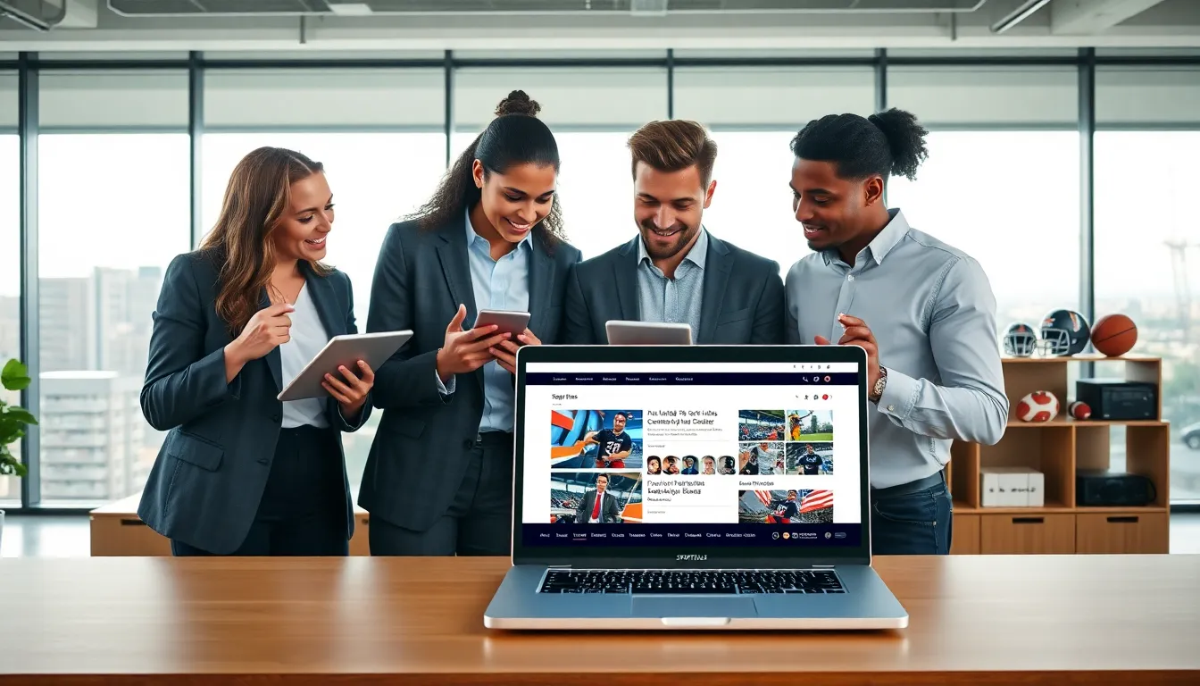 diverse professionals discussing sports content on laptops in a modern office.
